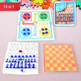 17669 13 In 1 Family Board Game Chess Snakes  Ladders Ludo Tic-tac-toe Checkers Travel Bingo Football Space Venture Steeplechase Set For Kids